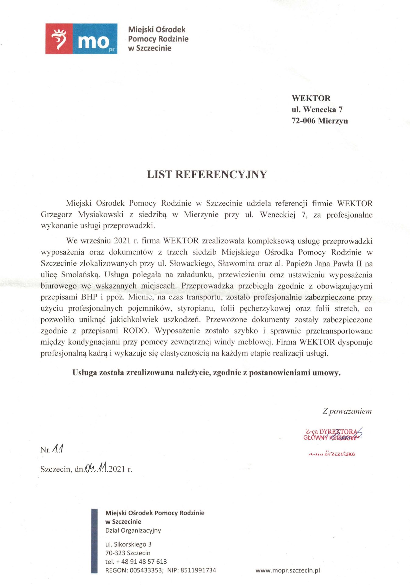 List referencyjny — Miejski Ośrodek Pomocy Rodzinie w Szczecinie